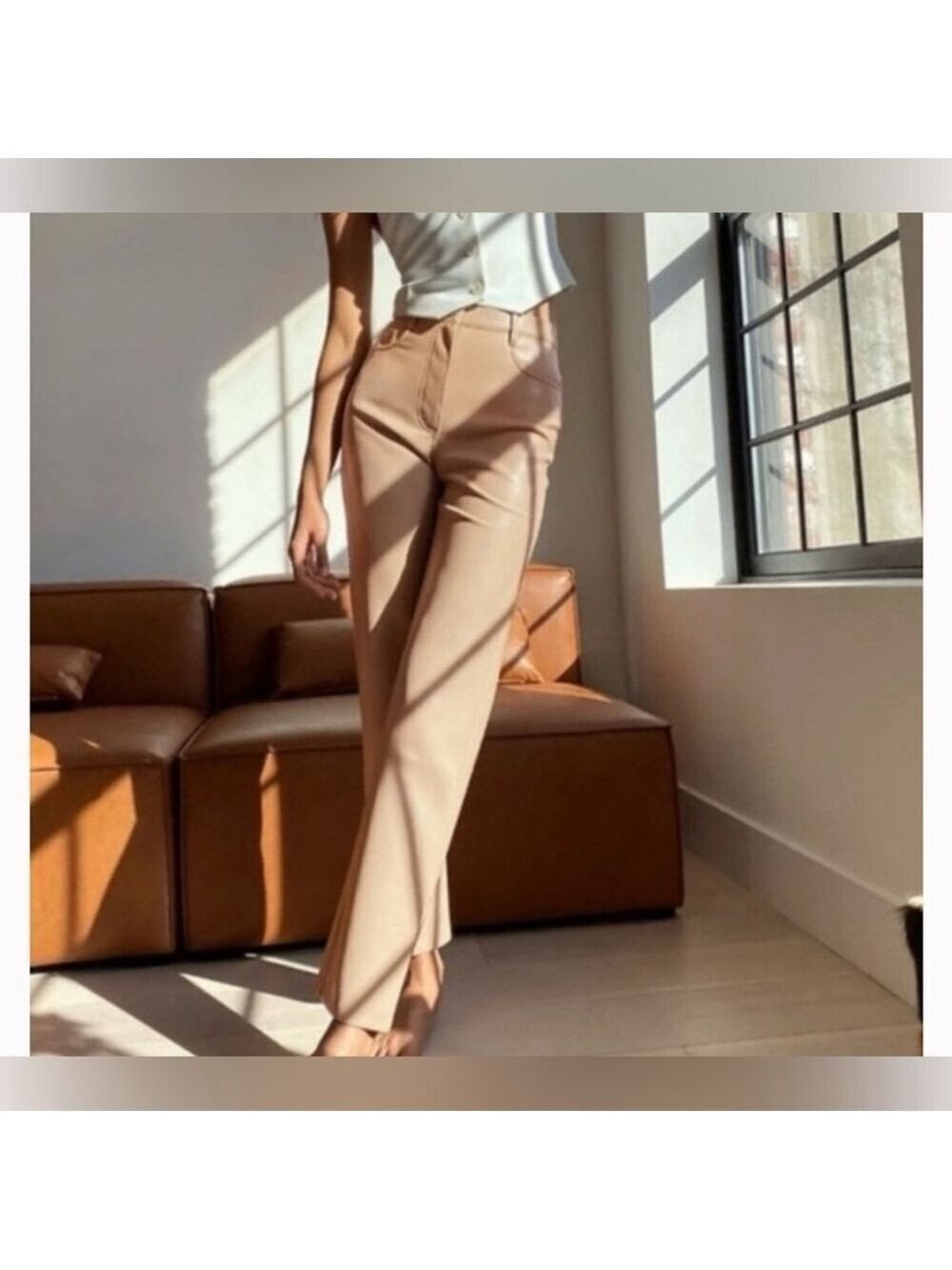 Wilfred Aritzia Melina Stylish Tan High-Waisted Pants size 6 polyurethane